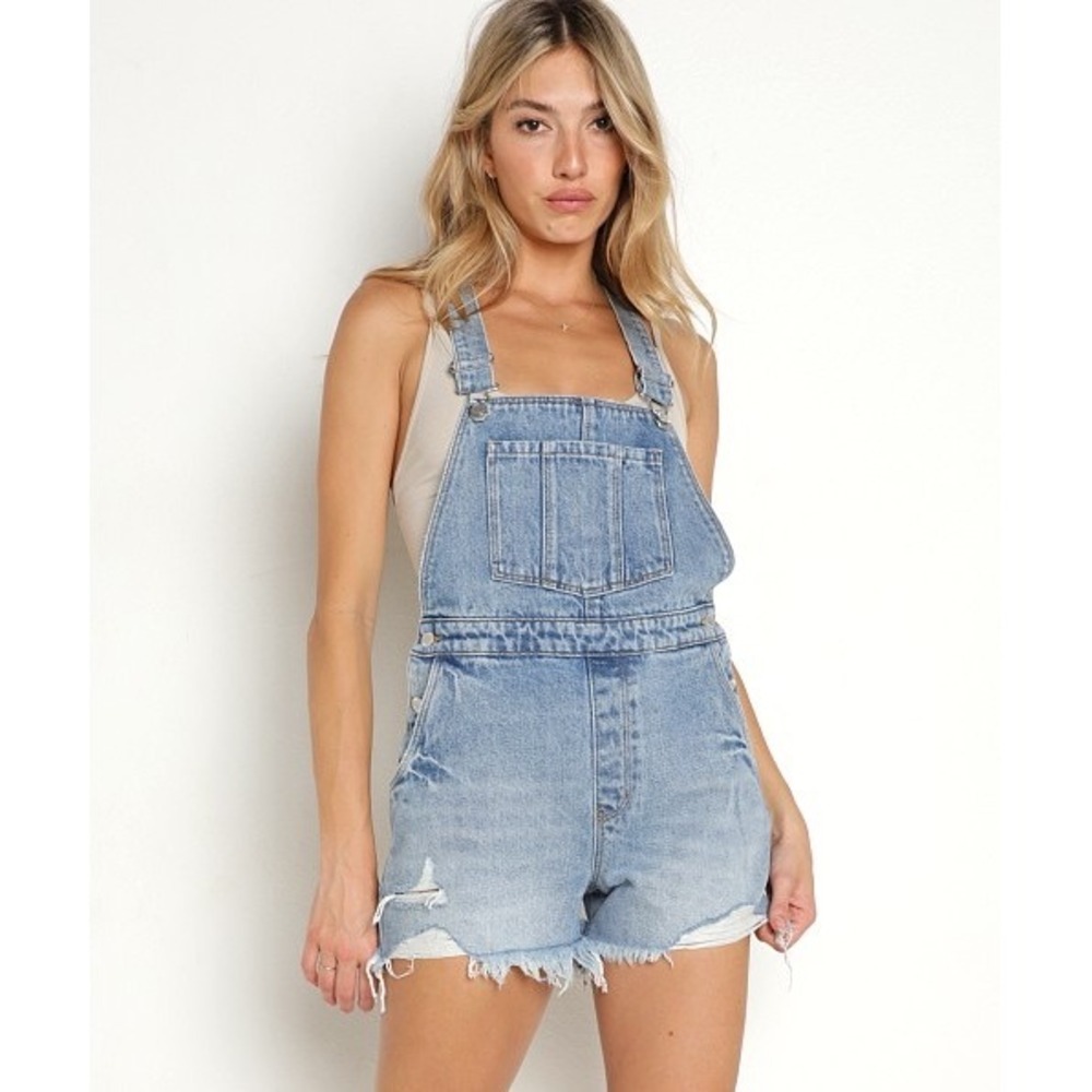 Rollas Womens Light Wash Distressed Denim Shortalls Blue Overalls Size 31